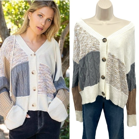 Absolutely Famous Sweaters - Absolutely Famous Neutral Colorblock Cardigan Size M